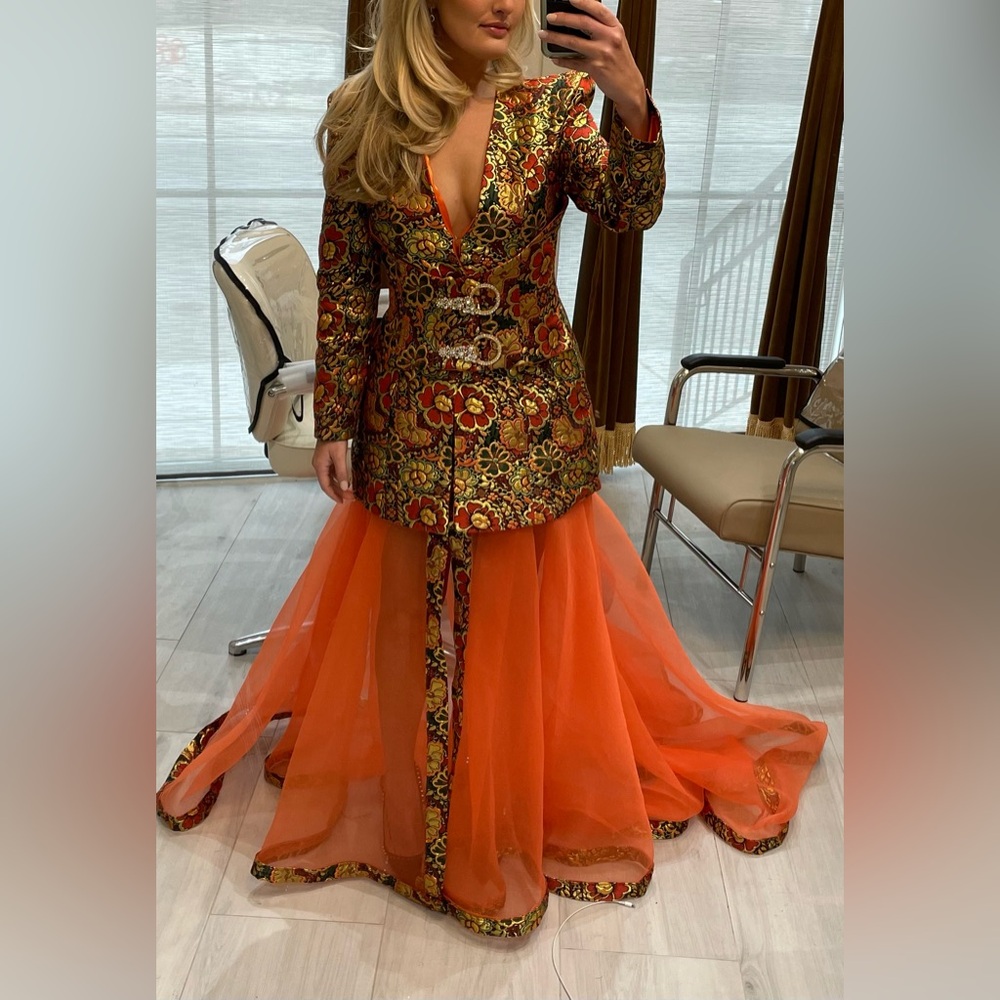 Dona Matoshi Orange Floral Blazer Dress